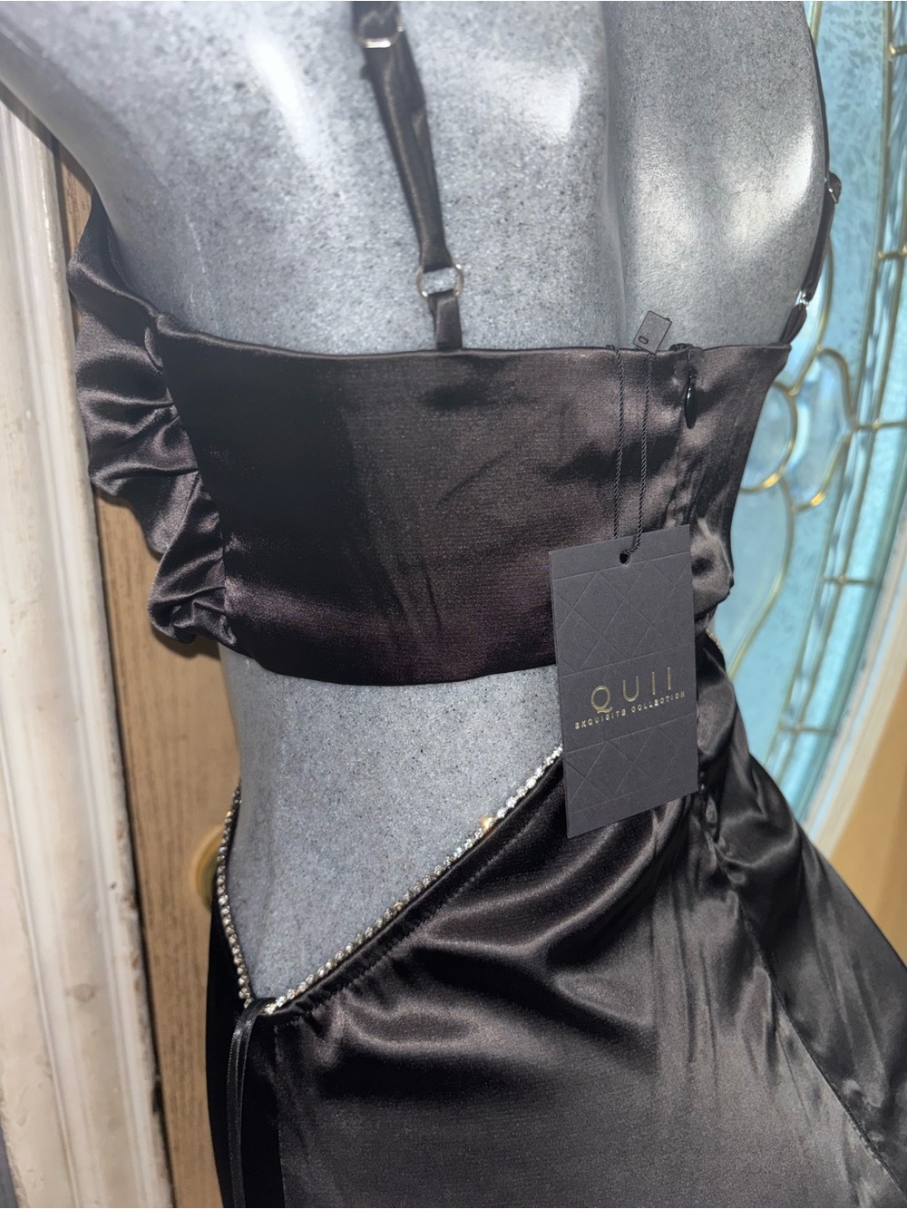 Black Satin Backless Evening Dress with Rhinestone Accent